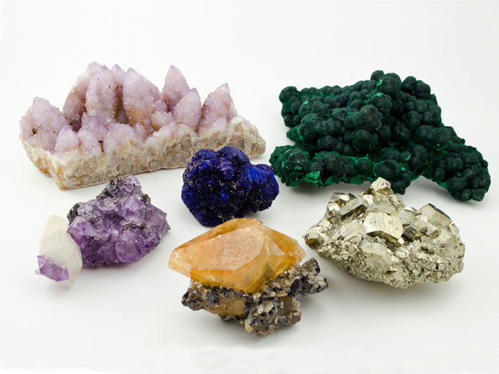 Amethyst, Calcite, Azurite, Malachite, Pyrite mineral specimens